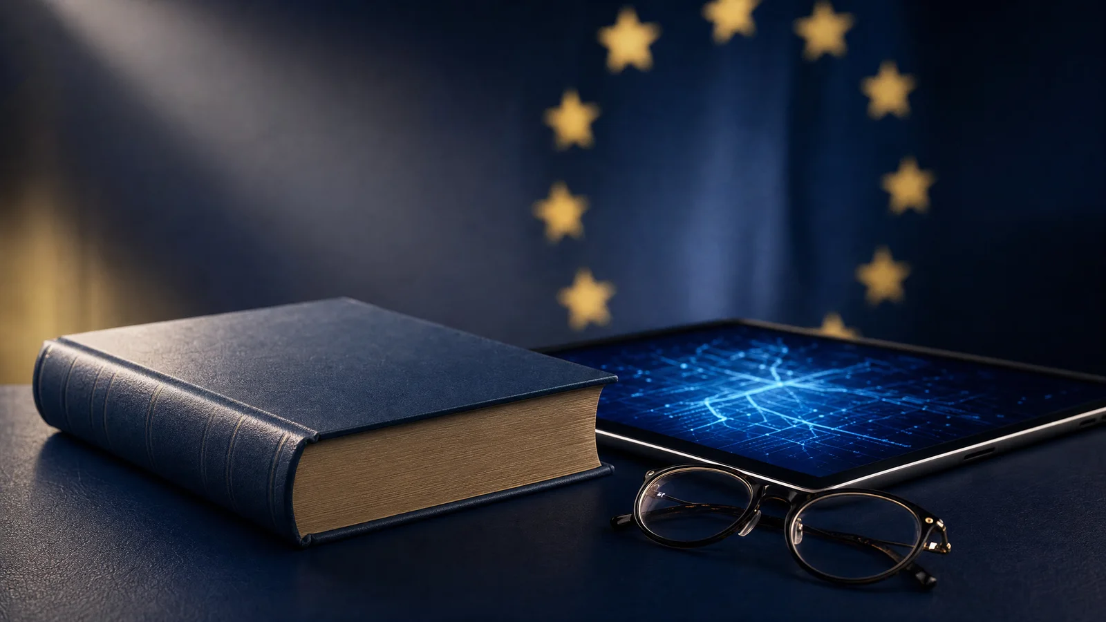 Symbolbild: Gesetzbuch und Tablet mit Netzwerkmuster zum EU AI Act