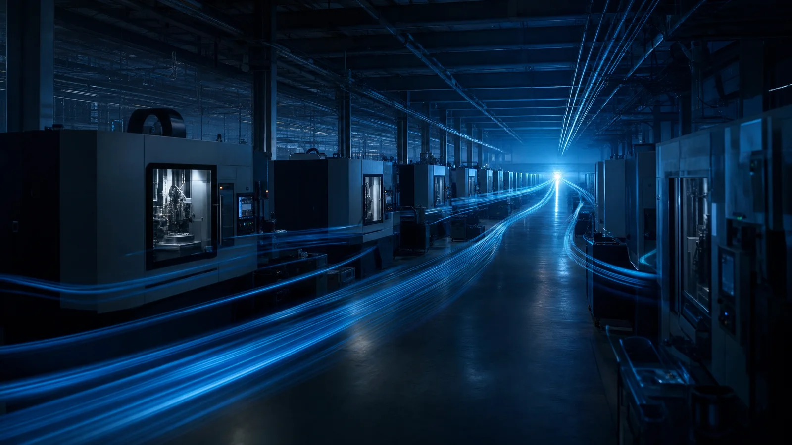 Blaue Datenströme fließen durch eine dunkle Produktionshalle auf einen hellen Punkt in der Ferne zu